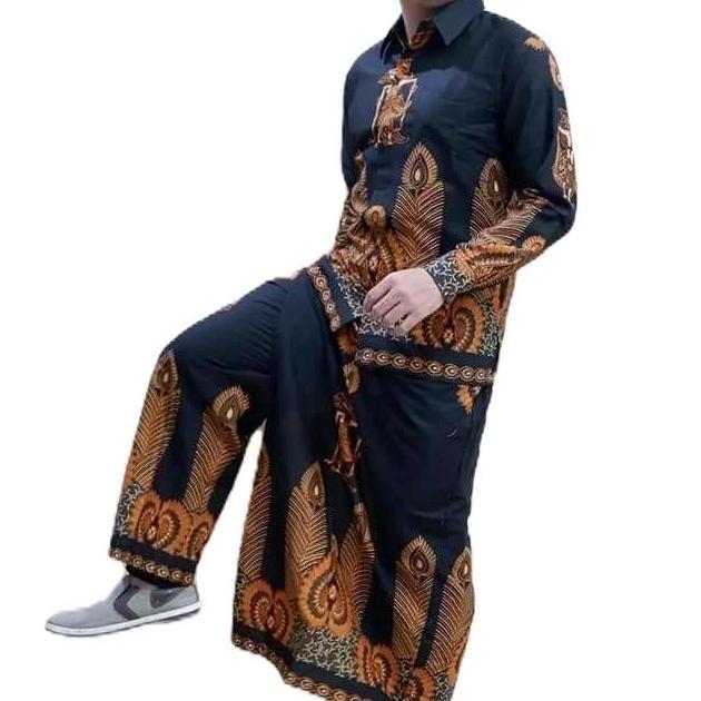 Termurah / Hot Sale Setelan Kemeja Batik Pria Batik Solo Kemeja Dan Celana Sarung Motif Jokowi Hitam