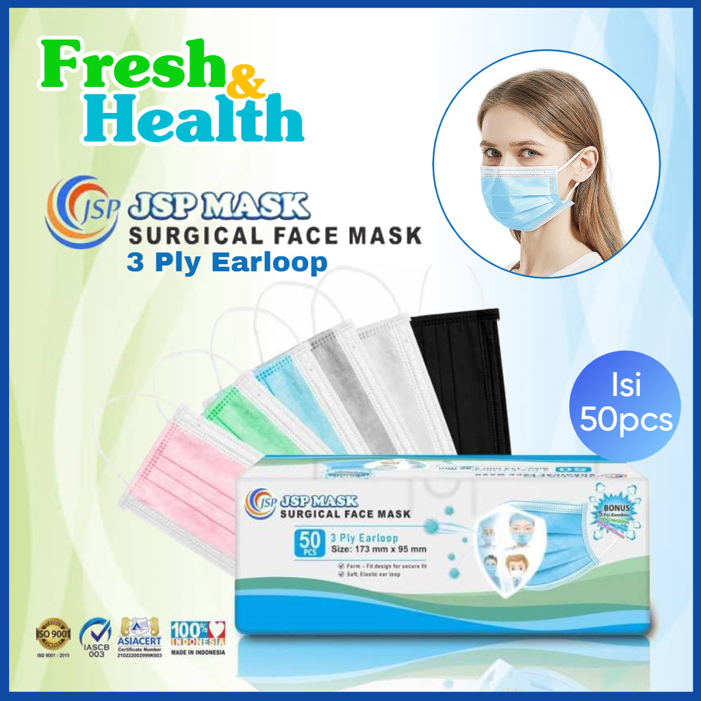 Masker Medis hijau putih biru earloop 3ply JSP isi 50pcs JSP Mask Surgical Face Mask