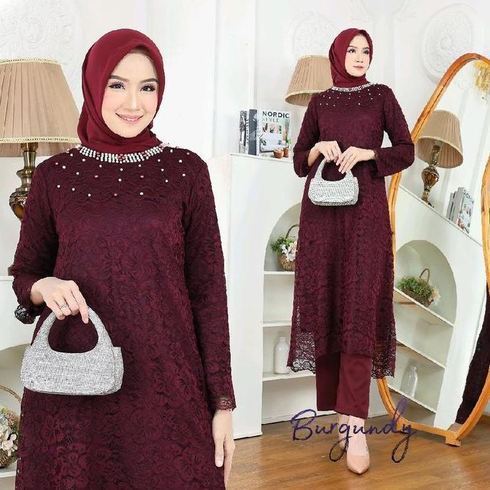 Wkwkwk- Setelan Asteria Tunik Brukat Dan Celana L-Xxxl 12W Cantik Mewah Wanita Muslim Atasan Mutiara