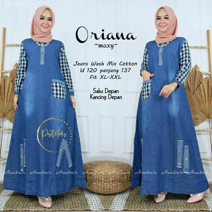 Berkualitas Oriana Maxy Jeans Kombinasi Katun Kotak Gamis Jumbo Kancing Dress Wanita Muslim Panjang