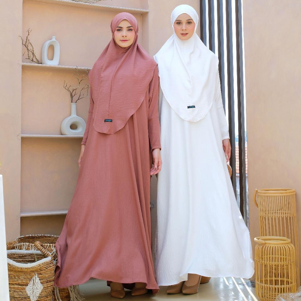 Gamis Abaya Putih Set Hijab Syari Polos Jumbo Premium Set Kerudung  By Diayu