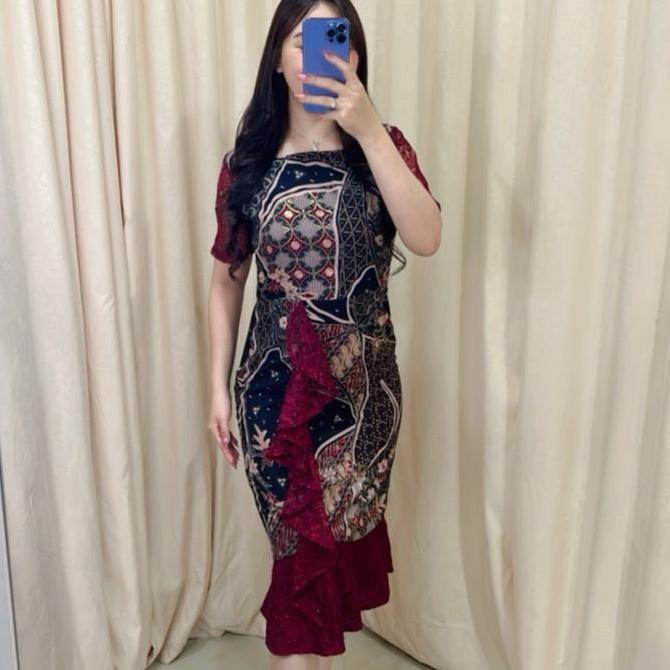 Dress Batik Vior Model Spesial dengan Kombinasi Premium Batik dan Brukat - Hitam, Maxi, Kondangan, M