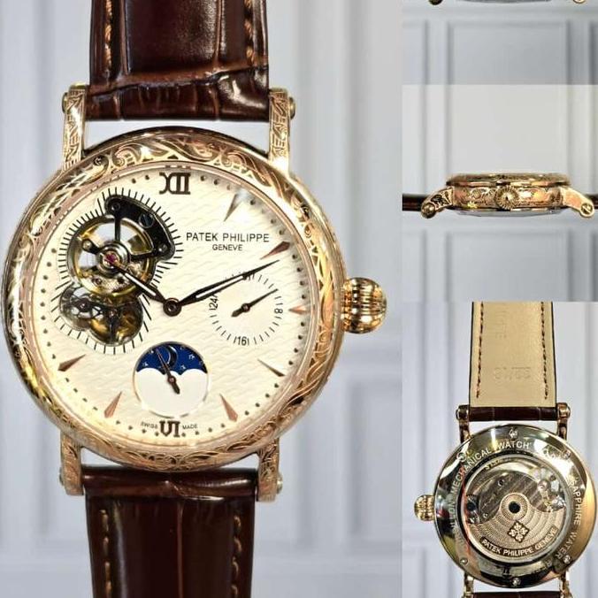 Ready Jam tangan Automatic Tattoo MoonPhase Open Heart Leather Stainless