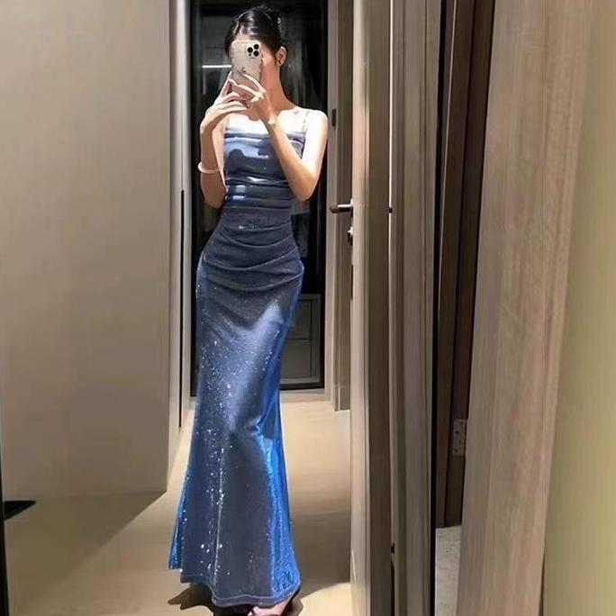 DV75 - 25018 baju cami dress navy biru pesta press body wanita kekinian korean style terbaru 2025 ev