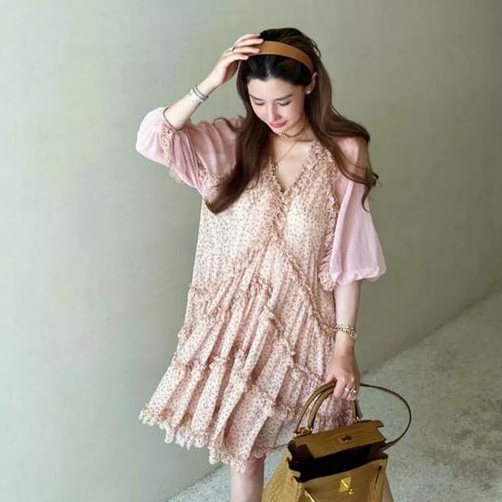 DB72 - [ Lexy Ruffle Dress ] Fit Size M-XL Fashion Gaun Wanita Bahan Chiffon Menerawang Sifon Bunga 