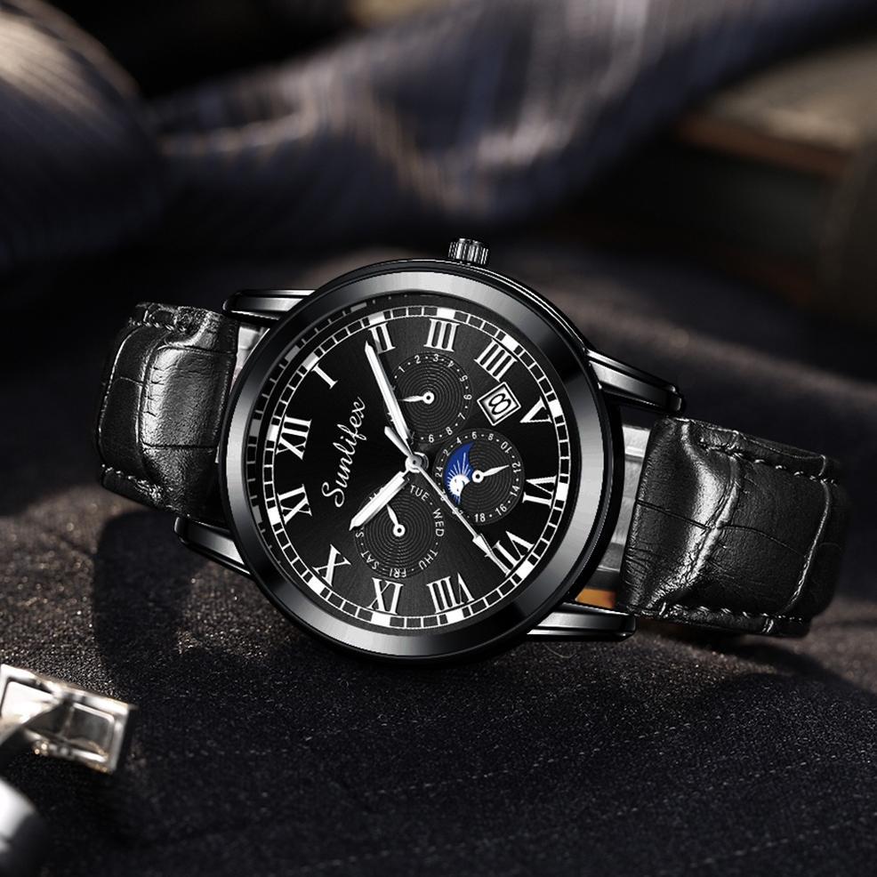 FREE ONGKIR SUNLIFEX JAM TANGAN PRIA 7003 KALENDER KUARSA SANTAI BISNIS TALI KULIT JAM TANGAN COWOK