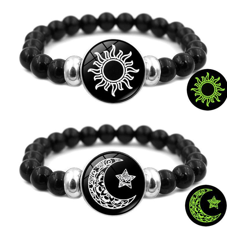 Gelang Pasangan Bercahaya Matahari dan Bulan Gelang Fashion Hitam Elastis Perhiasan Hadiah Pasangan