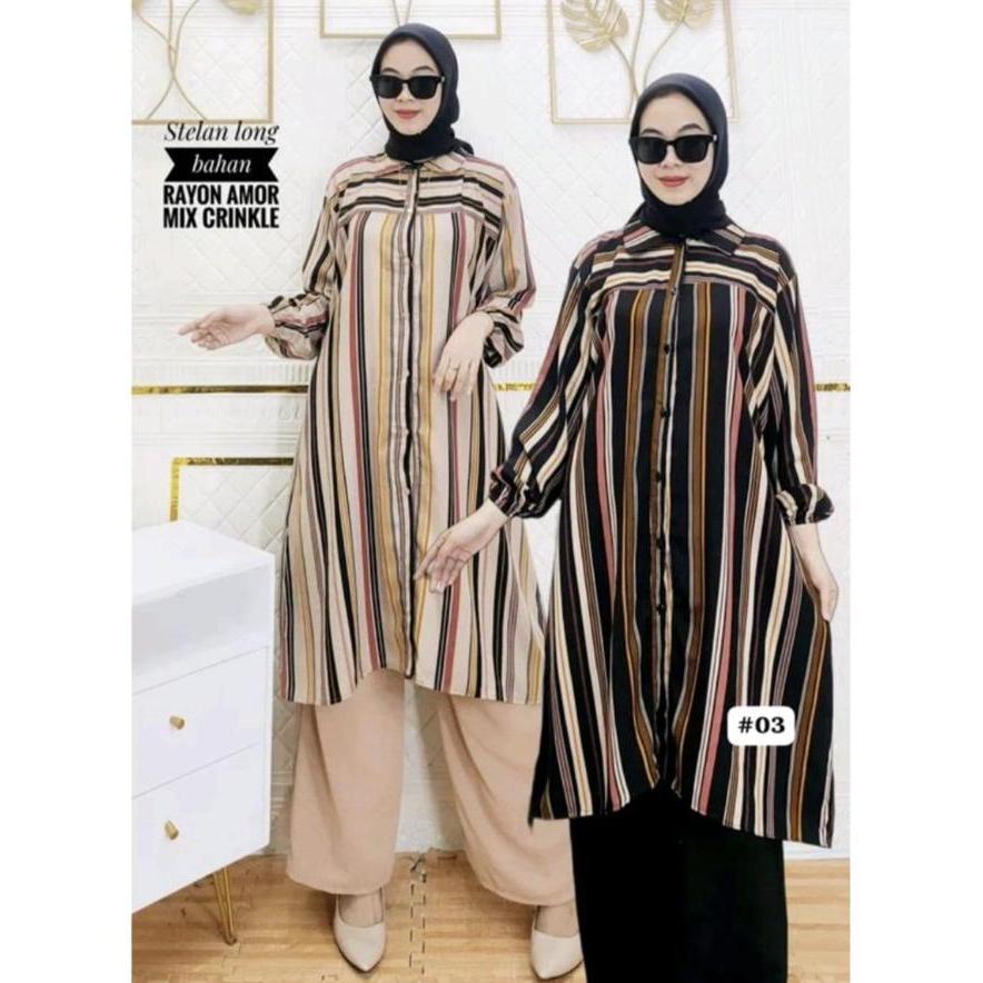 SETELAN TUNIK SALUR MALIKA LIST/SETCEL MUSLIM TUNIK DAN CELANA RAYON MIX CRINKLE LD 115CM / BAYAR DI
