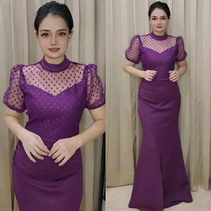 LooWear Long Dress Pesta Bodycon Duyung Lengan Pendek Tile Polkadot Premium Koleksi Butik