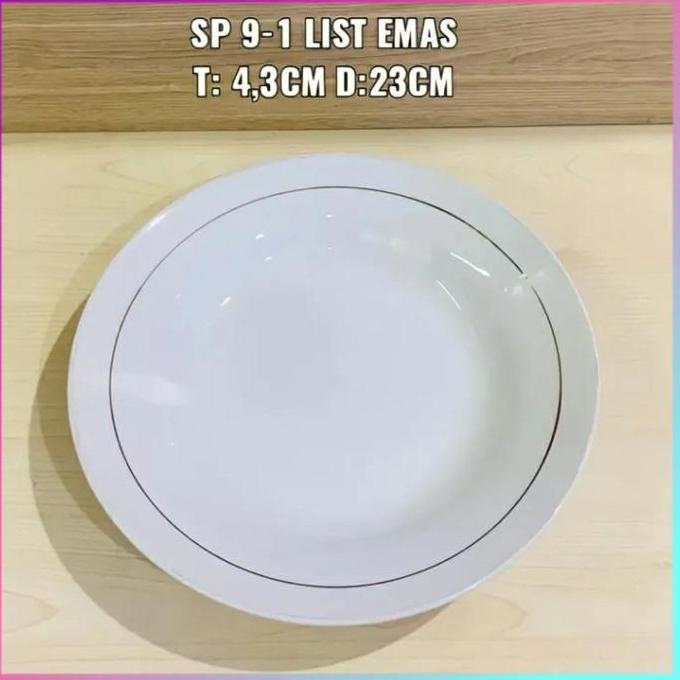 Piring makan kaca keramik beling putih lis emas ukuran 9 inch WS