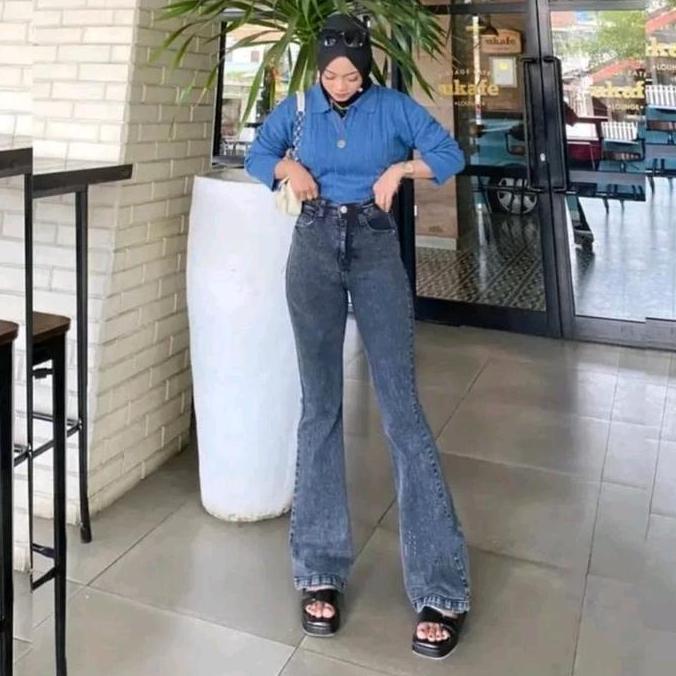 Termurah Highwaist Cutbray Stretch Melar Celana Jeans Panjang Wanita Karet Hitam Karet Hitam