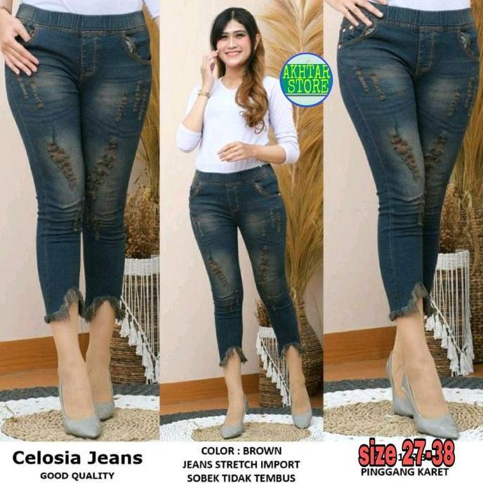 Awet (Akhtar-Jeans) Celosia Jeans 7/9 Pinggang Full Karet Bahan Celana Melar Tebal Panjang Jeans Wan