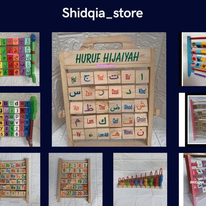 Mainan Kayu Anak Wooden block Aneka Sempoa HURUF ABJAD ANGKA HIJAIYAH Ready
