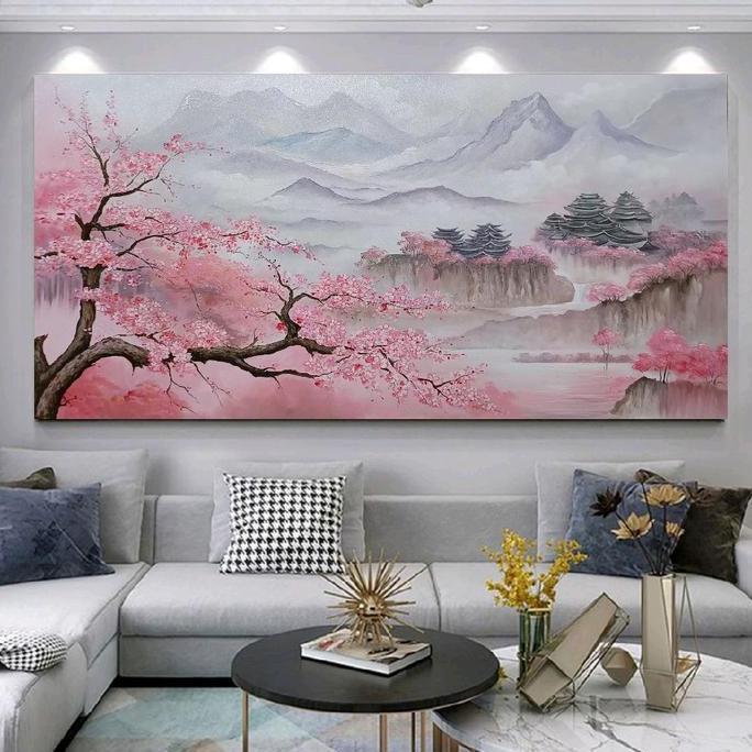 Terlaris Lukisan Dinding Ruang Tamu Pemandangan Jepang Bunga Sakura Frame