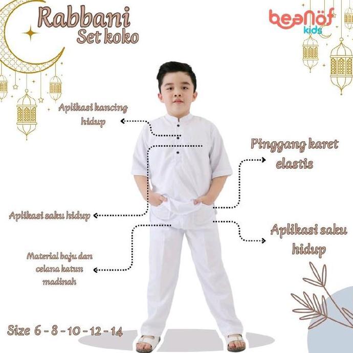 Koko Rabbani set celana koko putih lengan pendek setelan celana koko anak katun