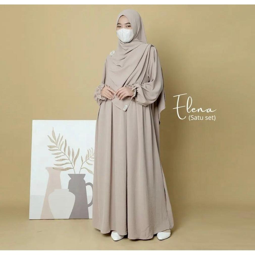 Original Elena Gamis Set Hijab Syari Pashmina Oval Crinkle Airflow Premium - Gamis Muslimah Lebaran 