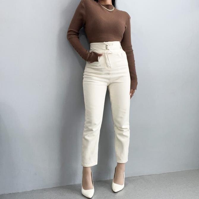 DF195 - -D46 Putih & Krem Jeans |Celana Jeans Highwaist Wanita Celana Panjang Jeans Highwaist Wanita