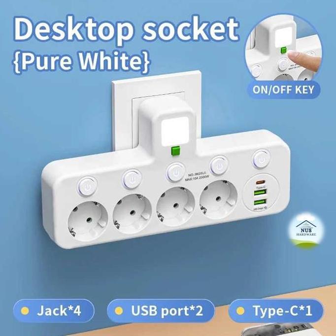 BOWATA PLUGO Stop Kontak 4 Lubang Soket AC USB Type C EU Plug 10A 110-250V 2500W EU-8625UL Putih Mur