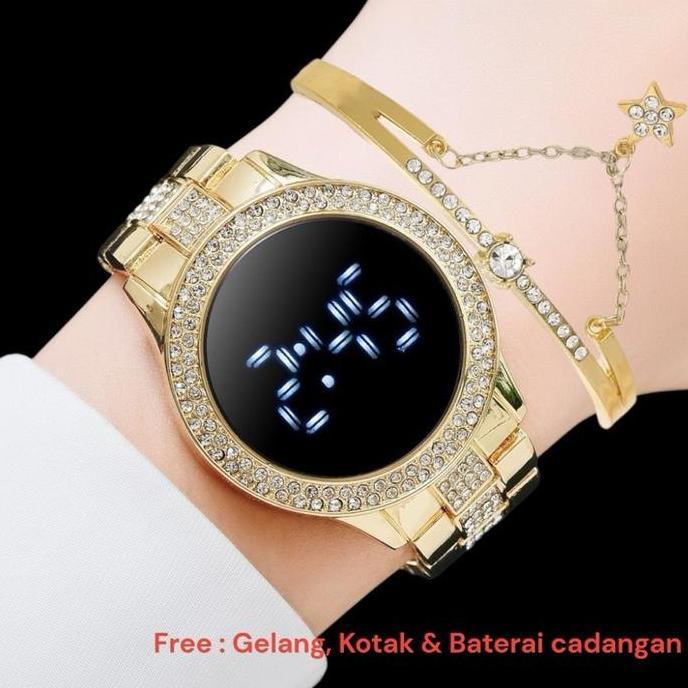 DS162 - JAM FASHION LED PETAK BONUS KOTAK , GELANG DAN ( DSJ - 014 )Kemewahan Bercahaya Analog Watch