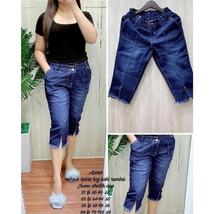 DV67 >> Celana Jeans 7/8 Kancing 2 Kaki Rawis Belah Bahan Jeans Stretch Pinggang Karet Size 31-34 Wa