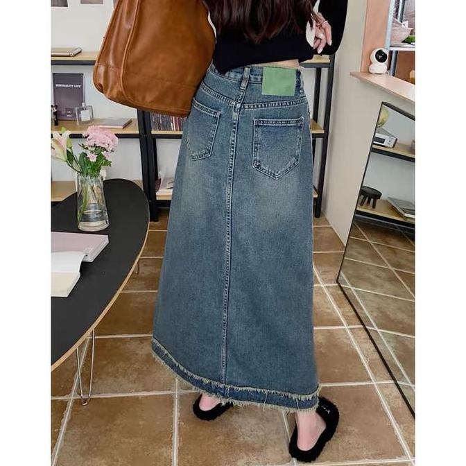 DB34 >> ROK DENIM JEANS MIDI LONG SKIRT DENIM WOMEN PANJANG HW MX685