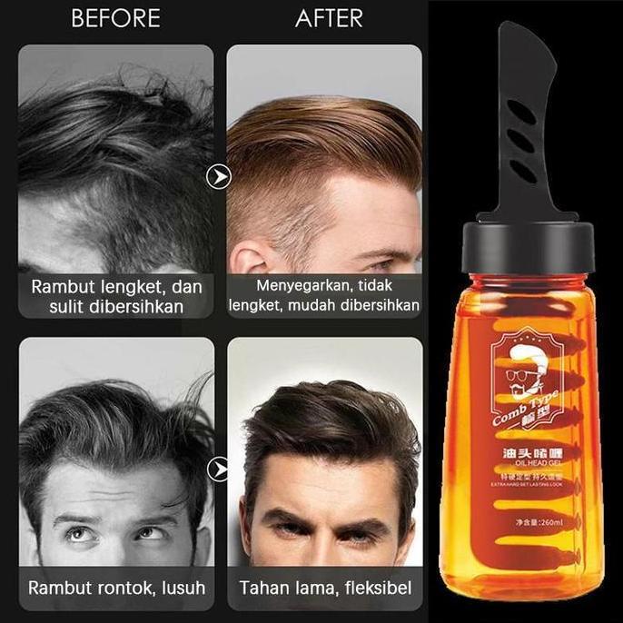 ROKAROKEON Minyak Rambut Pria 2 in 1 Dengan Sisir 260ml Tahan Lama Tidak Lengket Pomade Oil Gel Cepa