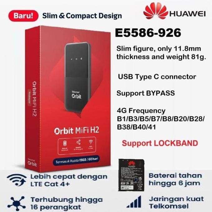 Huawei Orbit Mifi H2 Modem Wifi 4G All Operator E5586 Kuota 14Gb Termasuk Giftbox & Kabel Mikro Usb 
