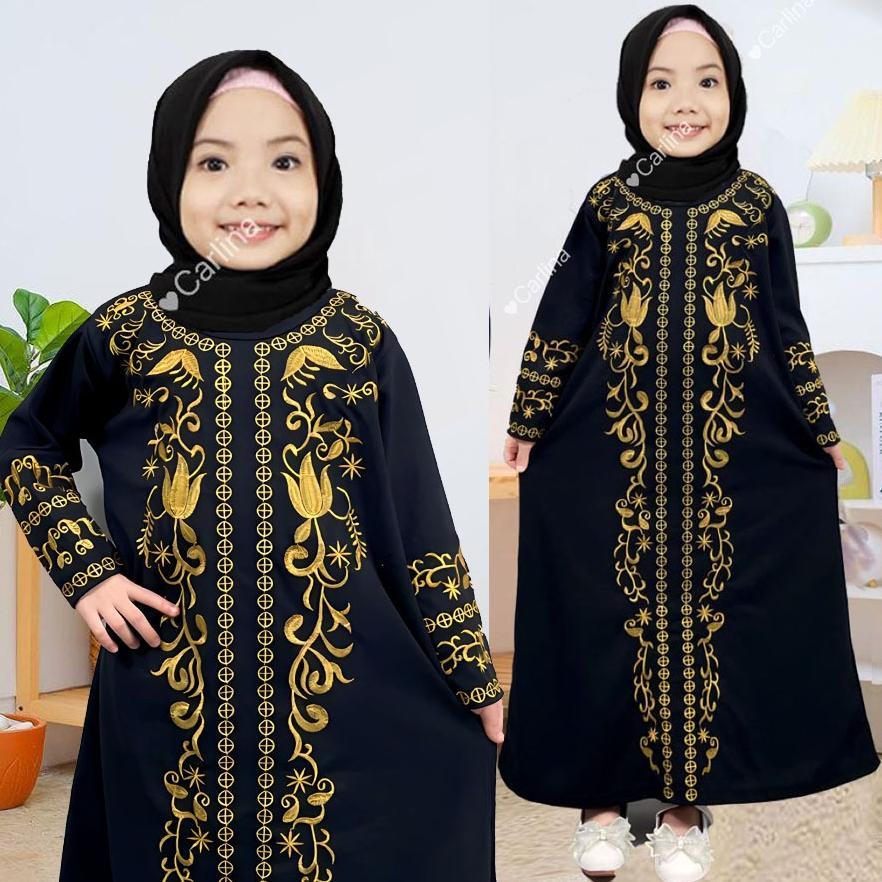 CARLINA Abaya Gamis Arab Hitam Putih Bordir Mewah Syahbah Anak Perempuan