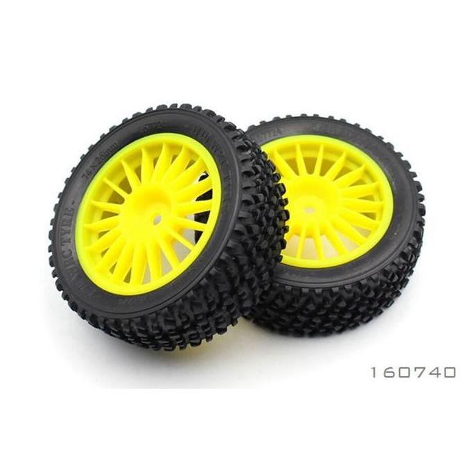 BRC 1/10 RALLY YELLOW FRONT TYRE AND RIM (PREGLUED) 75X26MM (2)
