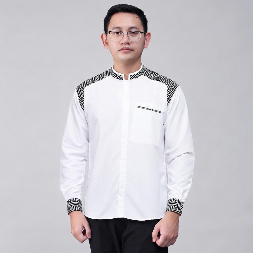 Sale Baju Koko Pria Dewasa Elrumi Lengan Panjang Kombinasi Batik Warna Putih List Hitam Bisa Cod