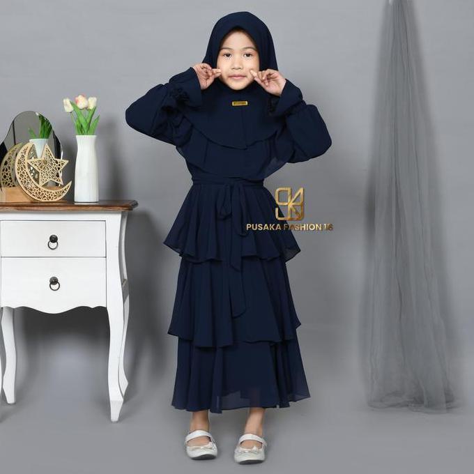 FAIRUZ Gamis Anak Perempuan Ceruty Babydoll Premium Susun Tiga Pusaka Fashion + Hijab Khimar Double 