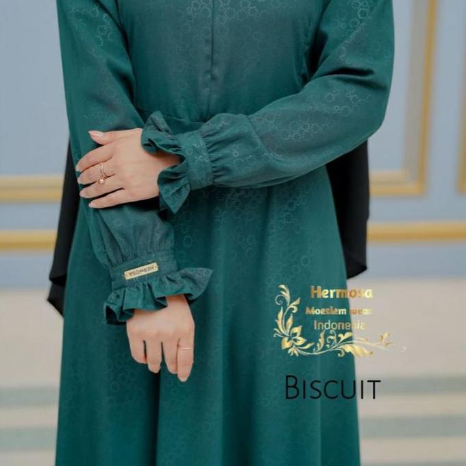 Diskon [Gamis Hermosa] Gamis Embos Hermosa Motif Biscuit Warna Hijau Botol-Gamis Hermosa Motif Biscu