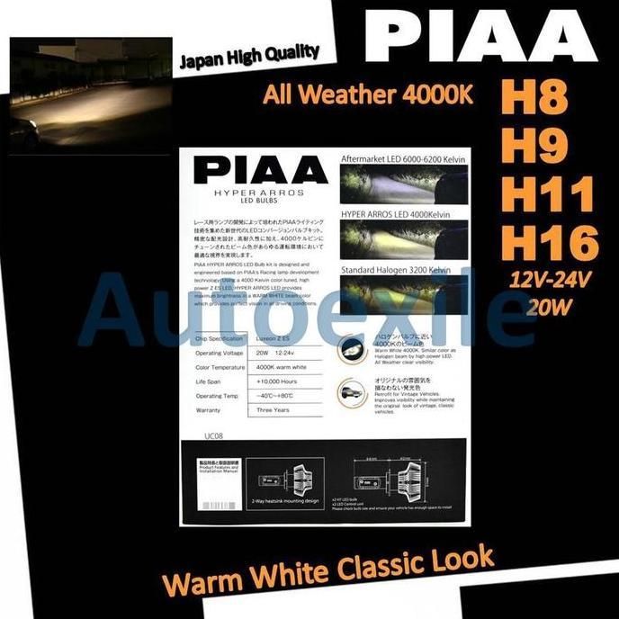 PIAA LEH132E Hyper Arros LED All Weather H8 H9 H11 H16 4000K Warm White Putih Kekuningan Lampu Mobil