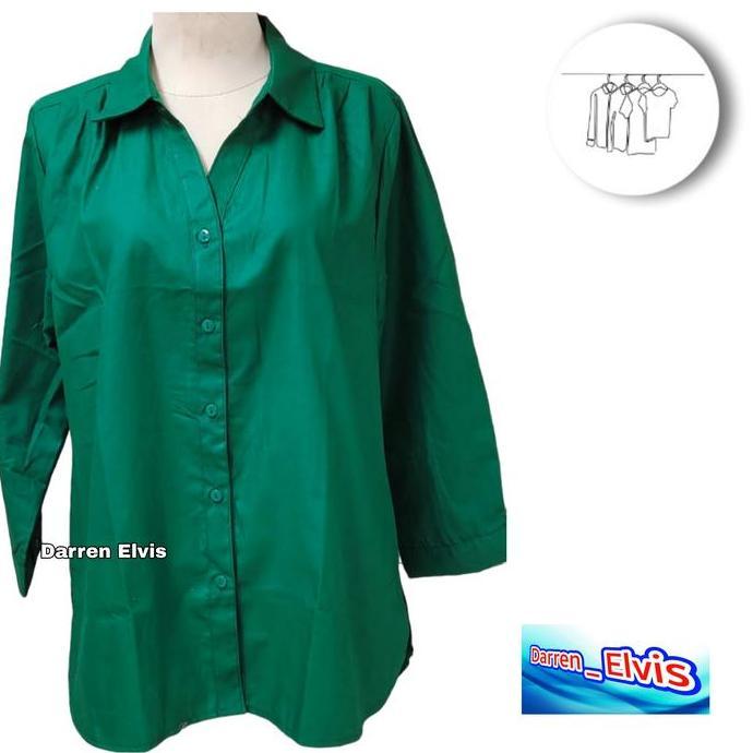 Ready Kemeja Wanita Hijau Botol Polos Kerah V