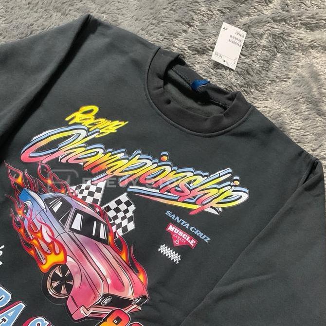 DB124 >> Crewneck Championship Black Wash Dark Grey Sweater Oversize Washed Wanita Flecee Katun Teba