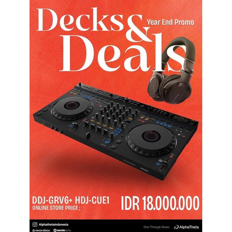 PIONEER DJ GRV6 + HDJ CUE1 4-DECK PERFORMANCE DJ CONTROLLER WITH DJ HEADPHONE PACK BMJ