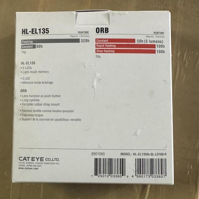 Lampu Sepeda Depan Belakang Cateye HL-EL135 + ORB Baterai New Komplit