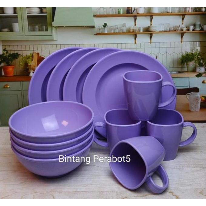 Peralatan Makan Melamin 1 Set dengan Piring, Mangkok, dan Cangkir Moel Bulat untuk Dinnerware - Kitc