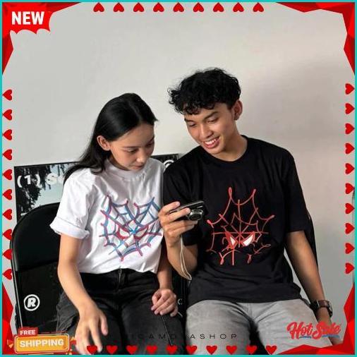 Baju Kaos Couple Spiderman Miles Morales & Gwen Stacy Warna Putih - Kaos Spiderman Couple - Tshirt S