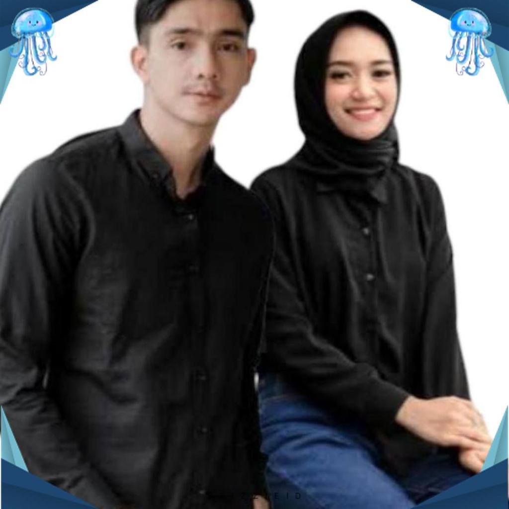 Kemeja Couple Polos Baju Pasangan Wanita Pria Lengan Panjang hitam Diskon Imlek