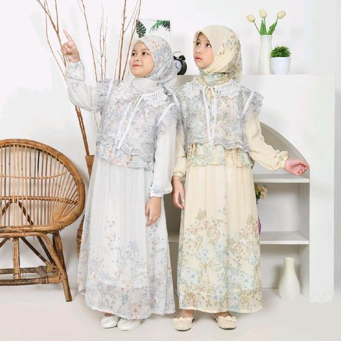 Sinarbarukids Gamis Anak Perempuan Raena Ceruty Motif Bunga + Rompi Tile Free Jilbab Segi Empat 3 - 