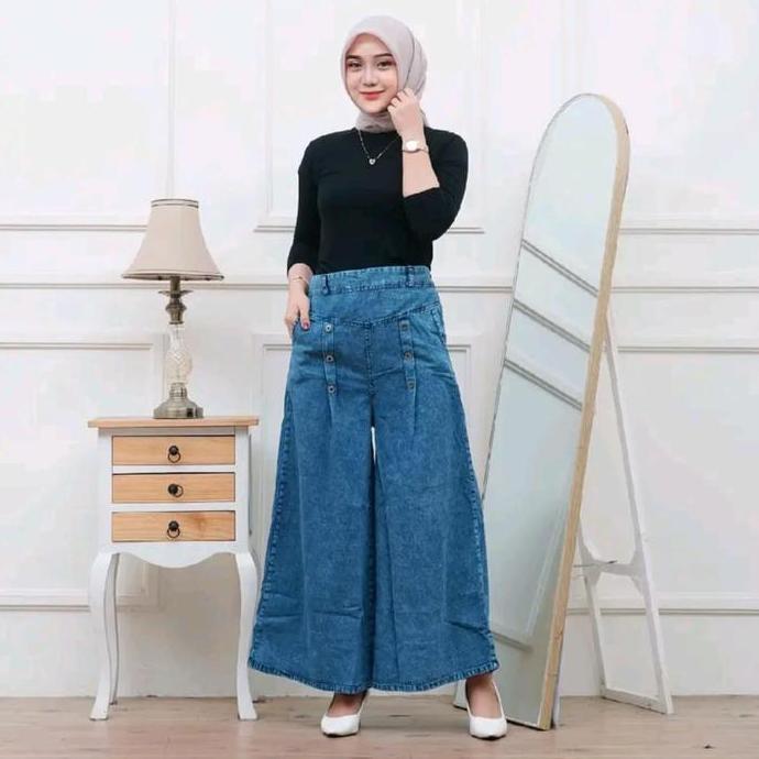 Alazka Palazzo Kulot Wanita Jeans Jumbo Standar Snow Kulot Denim Palazzo Celana Panjang Biru Hitam N