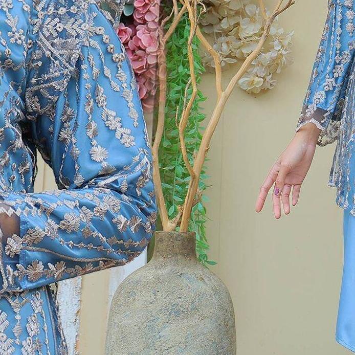 Gamis Satin Velvet Premium + Outer Brokat Tulle Bordir Mewah Set Caroline Baju Muslim Untuk Lebaran 