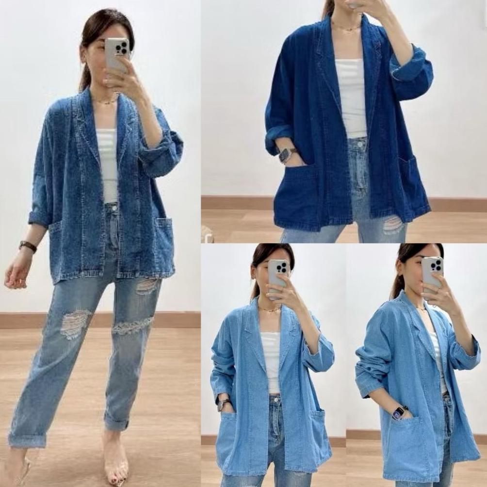 BIG PROMO MBO BLAZER WANITA LENGAN PANJANG BAHAN DENIM JEANS PREMIUM OUTER KANTOR OOTD ATASAN LUARAN