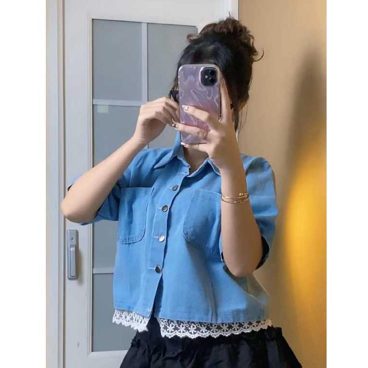 Harga Miring Selina Kemeja Crop Denim Wanita Lengan Pendek Crop Shirt Denim Wanita Korean Crop Shirt