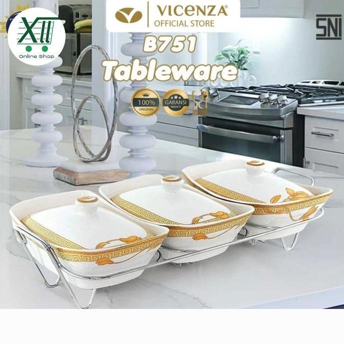 Vicenza B~751 Lily Golden Touch Rect Casserole Set 3 Pcs With Rack Wadah Saji Prasmanan Persegi