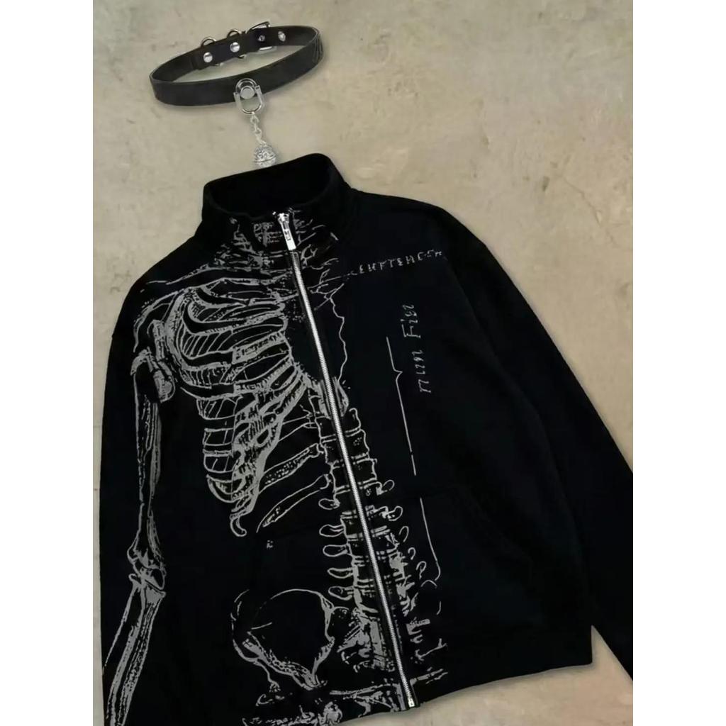 New Retro Skeleton Flower Print Crewneck Sweater Women Black Hooded Jacket Streetwear Trendy Unisex 