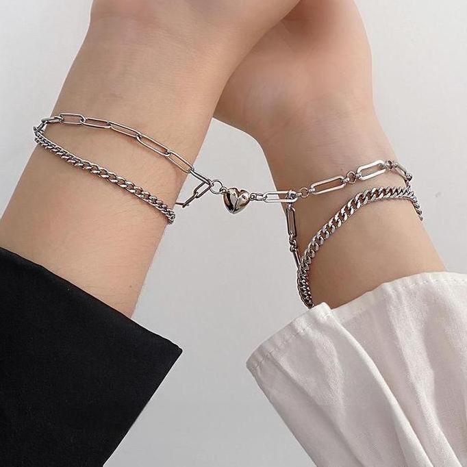 VERCHASE Gelang Pasangan Magnet Cinta Jahitan Baja Titanium Pasangan Dua Lapis Bracelet Detak Jantun