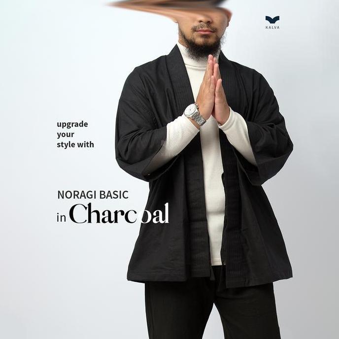 Outer Pria Kimono Noragi Hitam Kalva Basic Series Black Charcoal | Jaket Kimono Casual TD