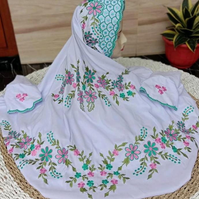 Disiniaja- Arrahman Mukena - Mukena Terusan Bordir Santri Mukena Lajuran Mukena Putih Mukena Bunga A